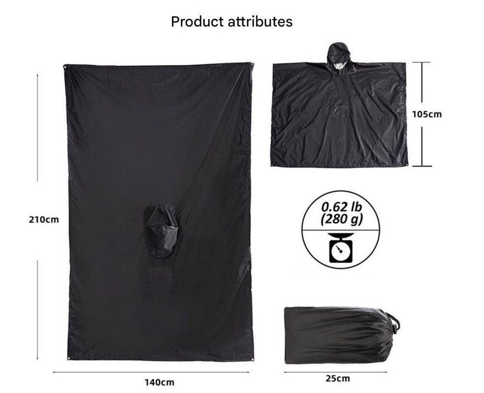 Black Portable Outdoor Camping Poncho - Can be used as Raincoat, Tarp, Ground Cover (Polyester silver coated V888-ELOSUNG26475