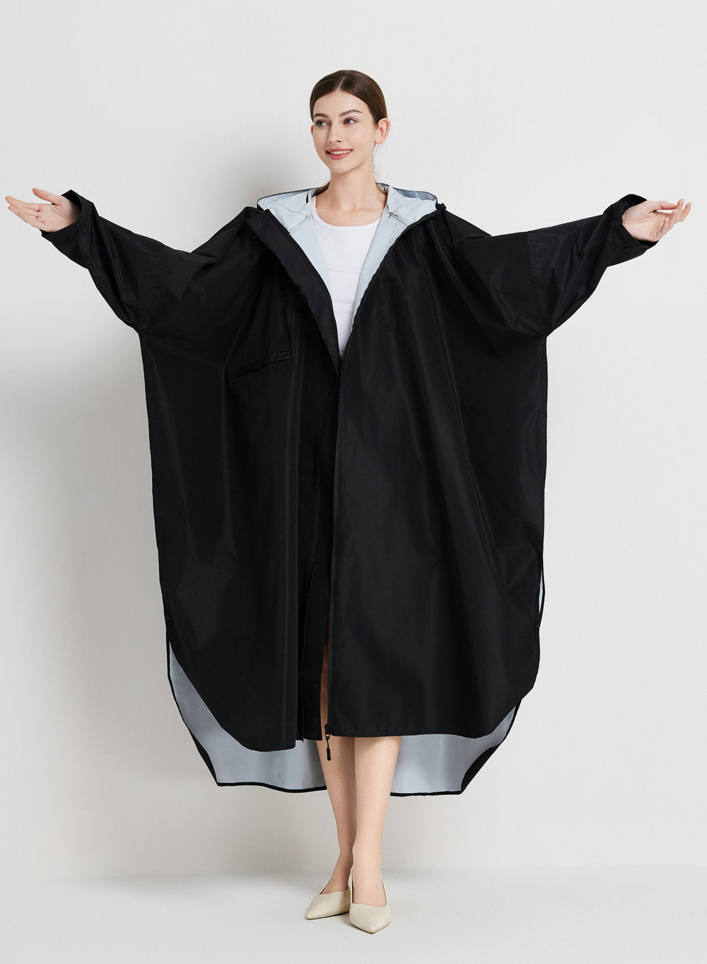 Black Stylish Waterproof Raincoat Poncho - Long, Packable for Outdoor Travel & Hiking V888-ELOSUNG26492