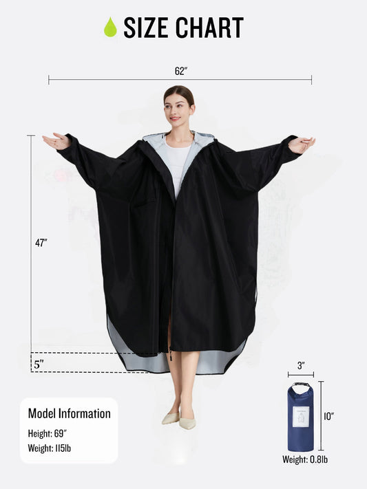 Black Stylish Waterproof Raincoat Poncho - Long, Packable for Outdoor Travel & Hiking V888-ELOSUNG26492