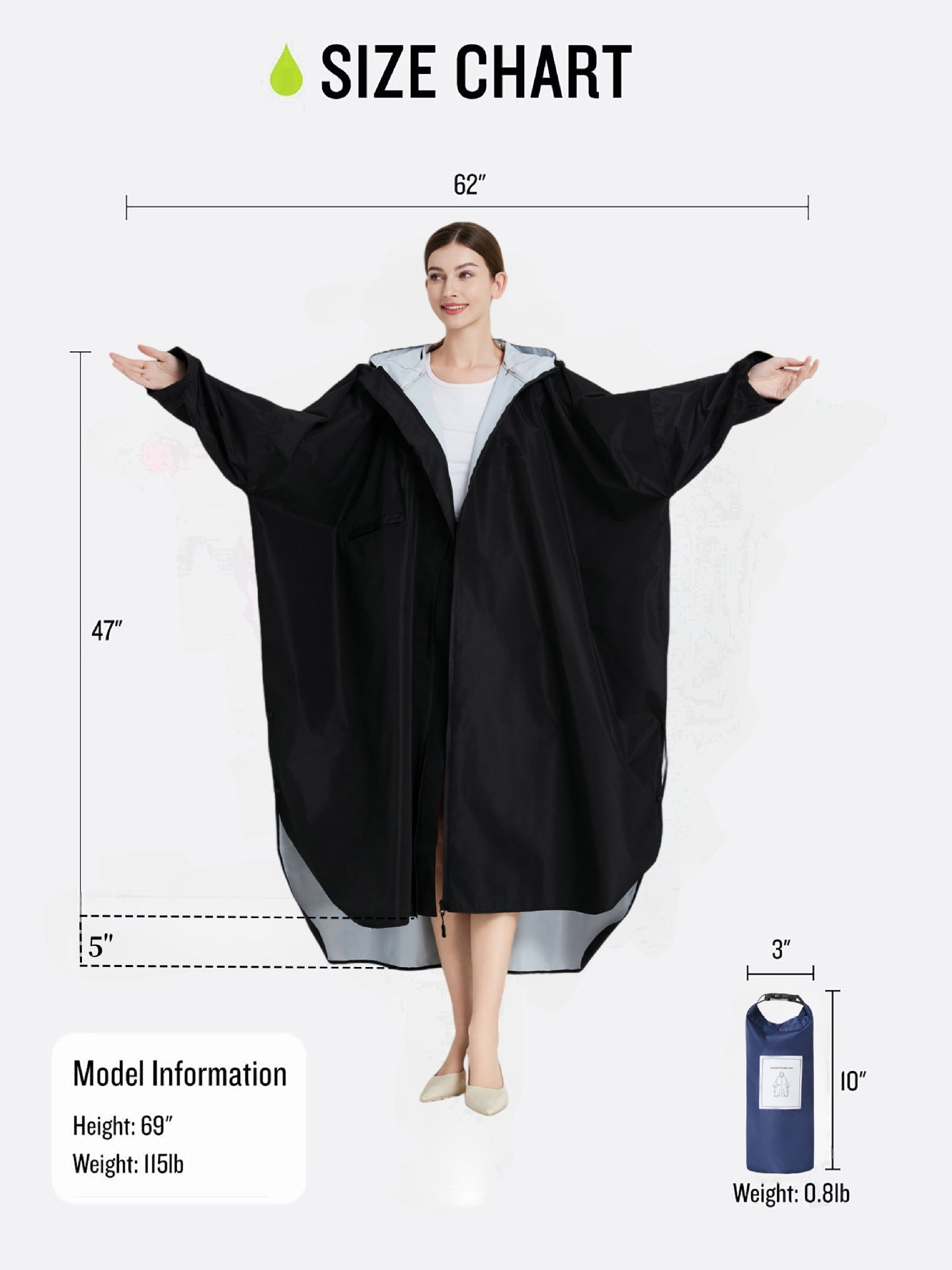 Matcha green Stylish Waterproof Raincoat Poncho - Long, Packable for Outdoor Travel & Hiking V888-ELOSUNG26493