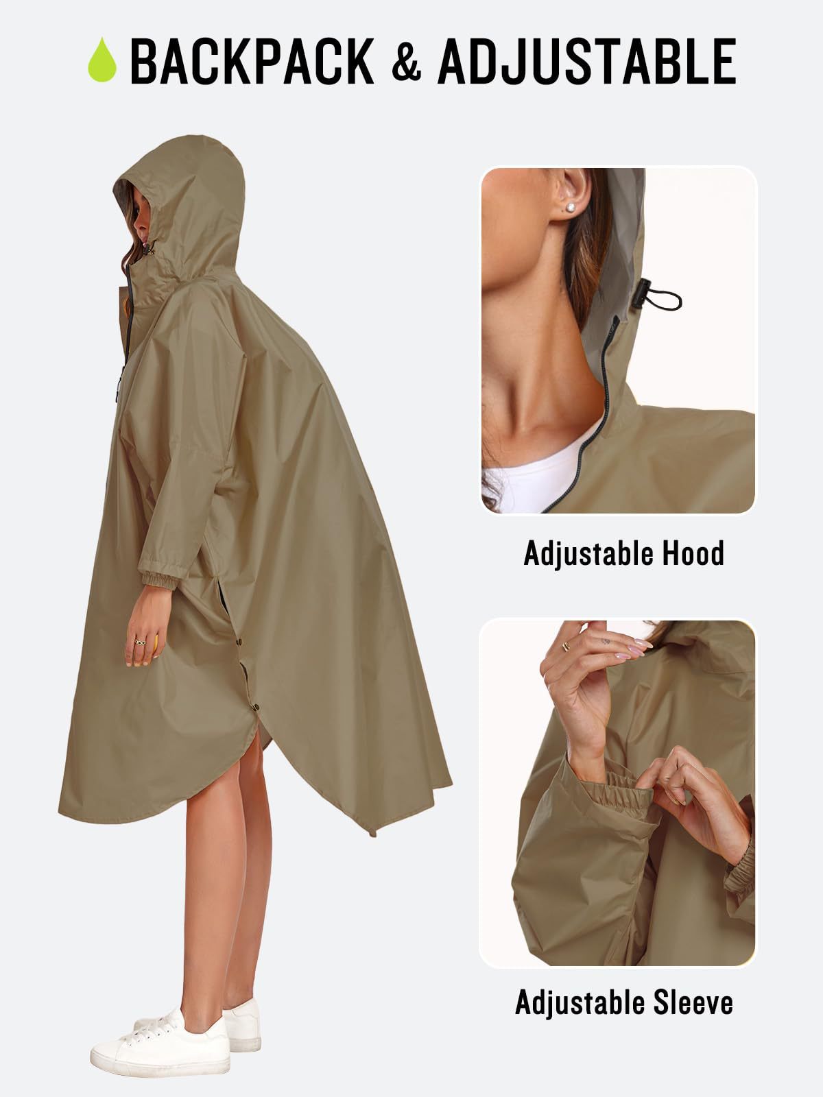 Matcha green Stylish Waterproof Raincoat Poncho - Long, Packable for Outdoor Travel & Hiking V888-ELOSUNG26493
