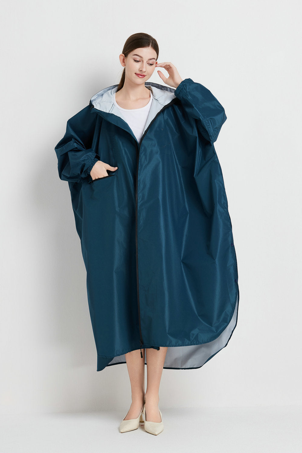 Sea blue Stylish Waterproof Raincoat Poncho - Long, Packable for Outdoor Travel & Hiking V888-ELOSUNG26497