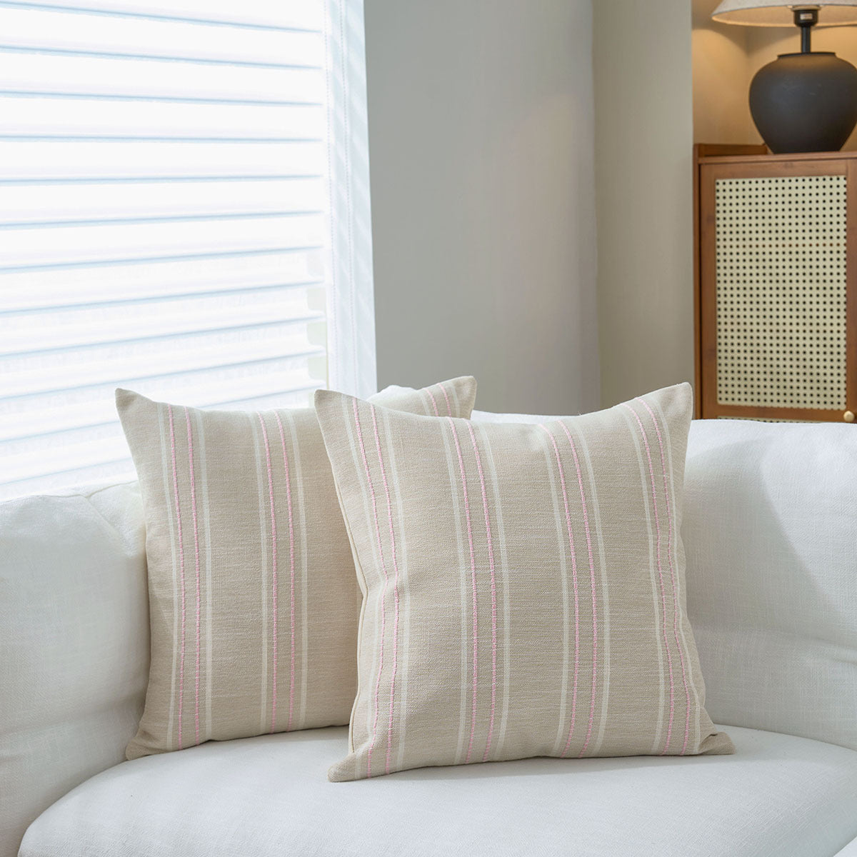 Textured Vertical Striped Pillowcases - Scandinavian Home Decor Accents (Pink Stripes Pair - 45x45cm) V888-ELOSUNG26530