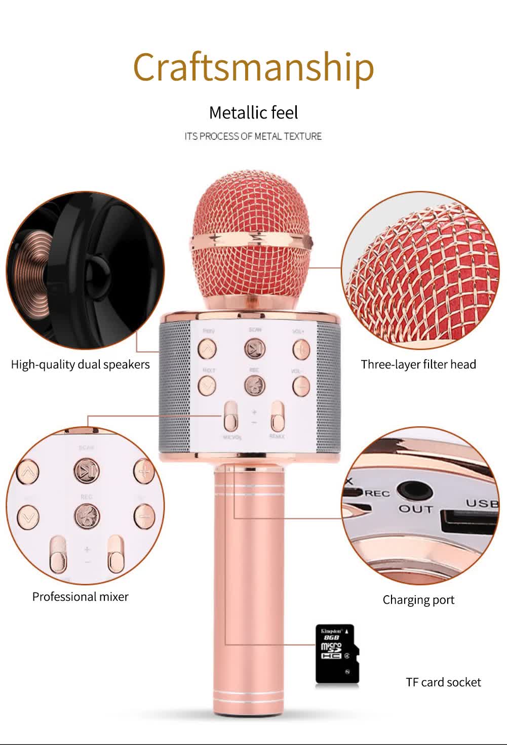 Black Bluetooth 5.0 Karaoke Microphone for Family Entertainment V888-ELOSUNG26561