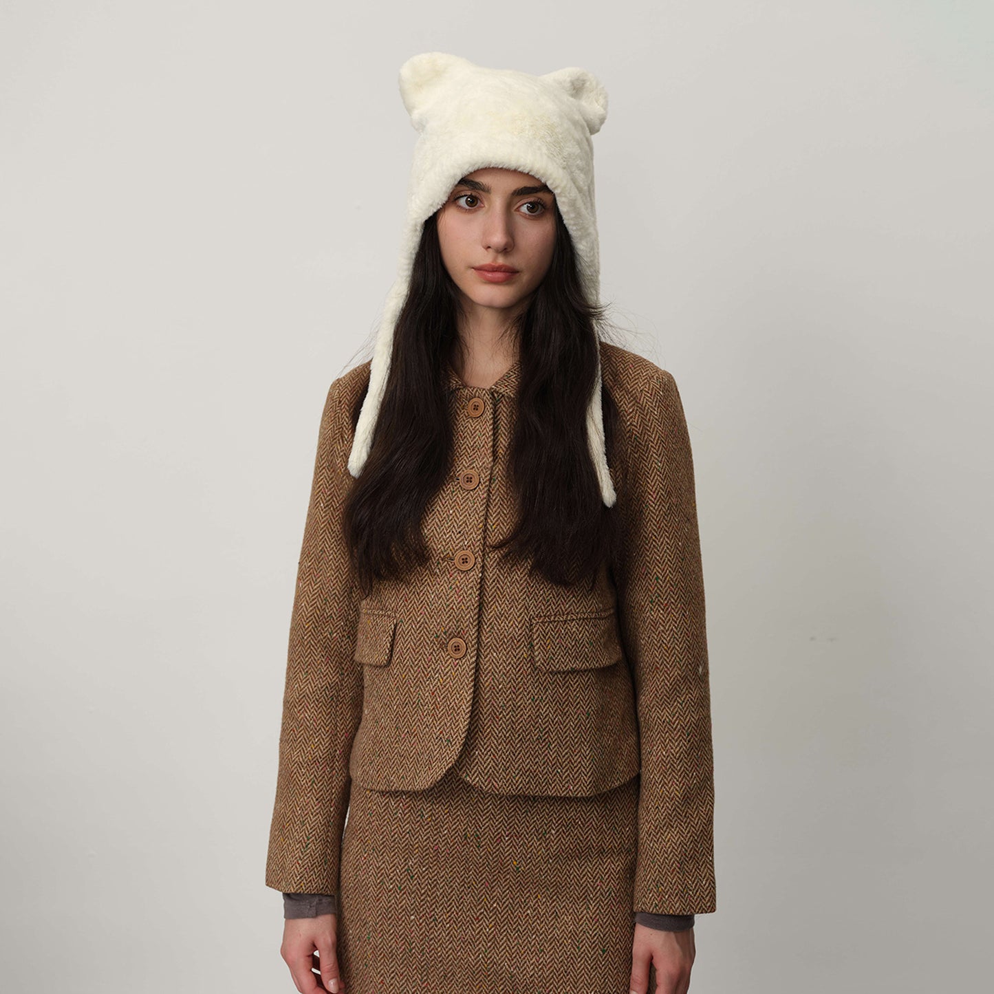 White Fluffy Cat Ear Winter Earflap Hat Women Knitted Warm Cold Weather Cap V888-ELOSUNG26615