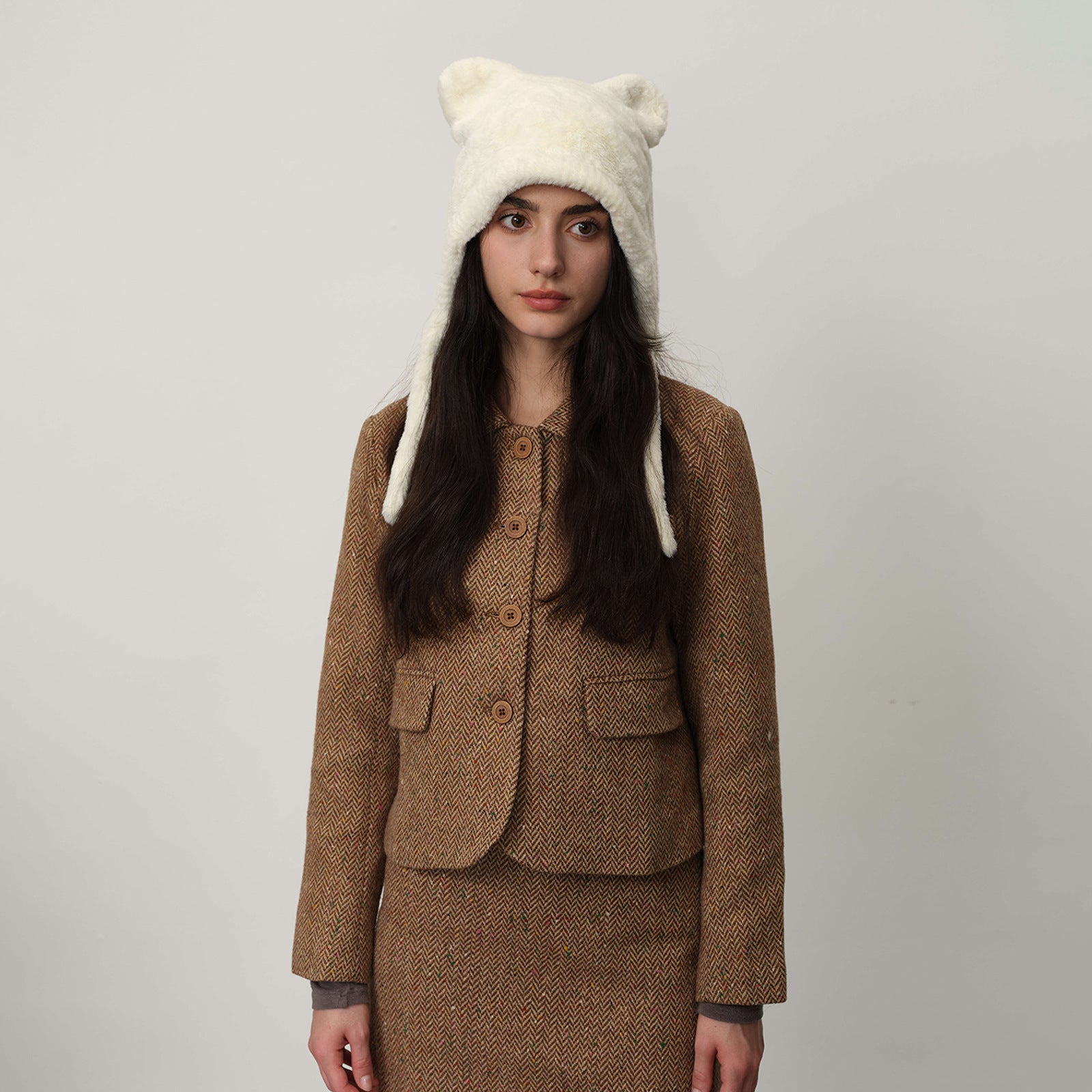 White Fluffy Cat Ear Winter Earflap Hat Women Knitted Warm Cold Weather Cap V888-ELOSUNG26615