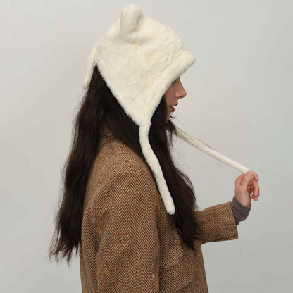 White Fluffy Cat Ear Winter Earflap Hat Women Knitted Warm Cold Weather Cap V888-ELOSUNG26615
