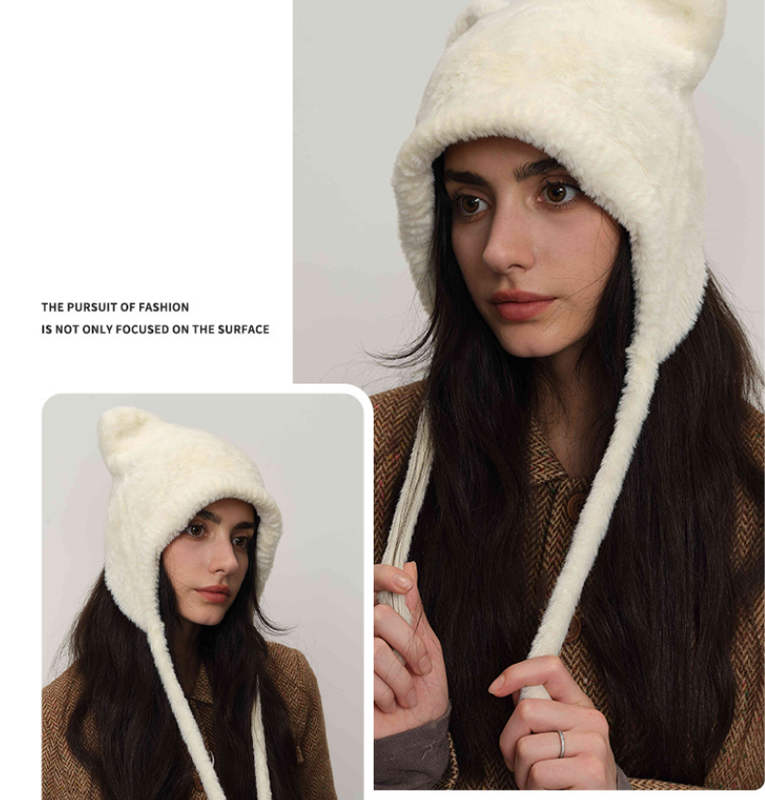 White Fluffy Cat Ear Winter Earflap Hat Women Knitted Warm Cold Weather Cap V888-ELOSUNG26615