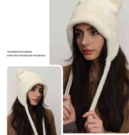 White Fluffy Cat Ear Winter Earflap Hat Women Knitted Warm Cold Weather Cap V888-ELOSUNG26615