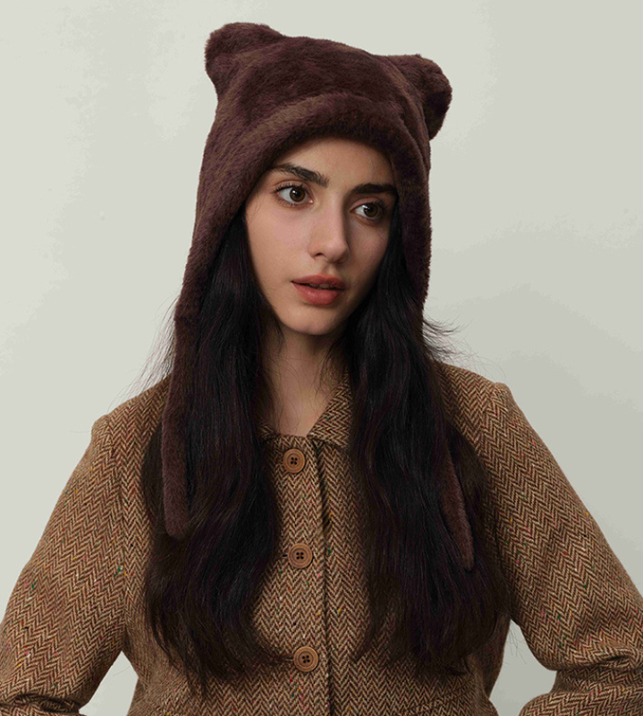 Dark brown Fluffy Cat Ear Winter Earflap Hat Women Knitted Warm Cold Weather Cap V888-ELOSUNG26616