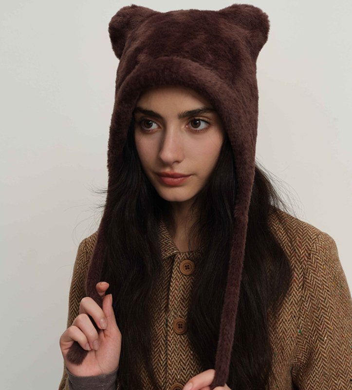 Dark brown Fluffy Cat Ear Winter Earflap Hat Women Knitted Warm Cold Weather Cap V888-ELOSUNG26616