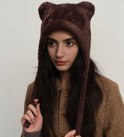 Dark brown Fluffy Cat Ear Winter Earflap Hat Women Knitted Warm Cold Weather Cap V888-ELOSUNG26616