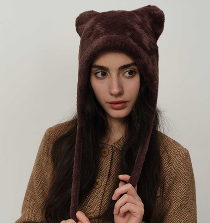 Dark brown Fluffy Cat Ear Winter Earflap Hat Women Knitted Warm Cold Weather Cap V888-ELOSUNG26616