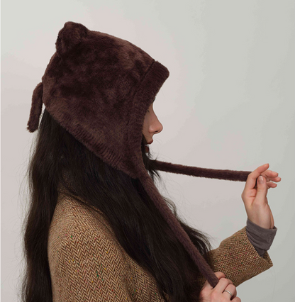 Dark brown Fluffy Cat Ear Winter Earflap Hat Women Knitted Warm Cold Weather Cap V888-ELOSUNG26616