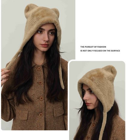 Beige Fluffy Cat Ear Winter Earflap Hat Women Knitted Warm Cold Weather Cap V888-ELOSUNG26617