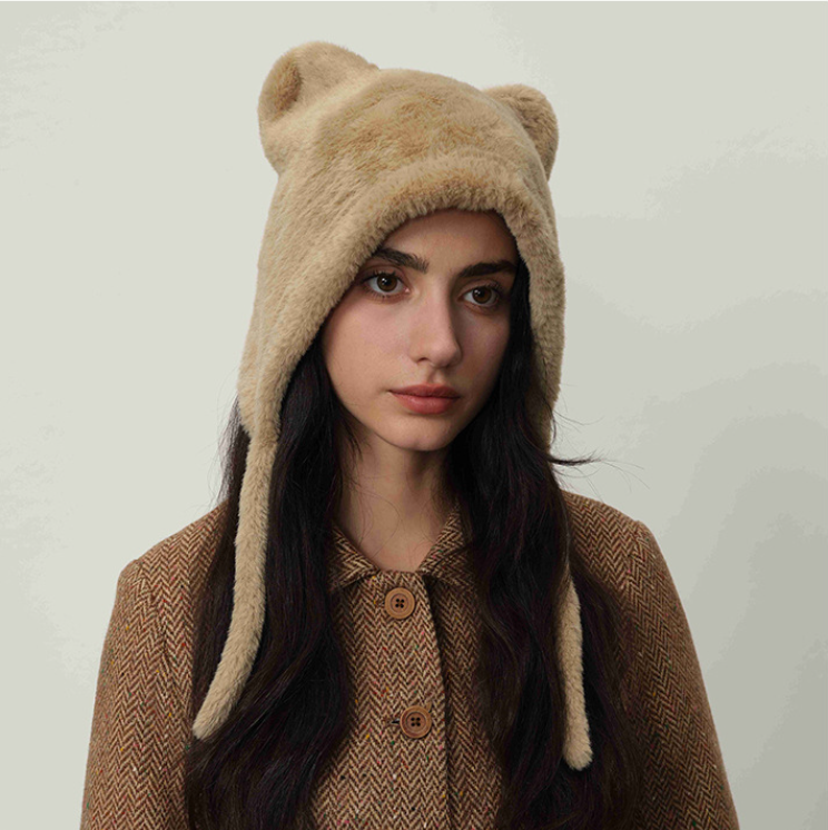 Beige Fluffy Cat Ear Winter Earflap Hat Women Knitted Warm Cold Weather Cap V888-ELOSUNG26617