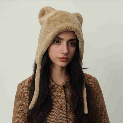 Beige Fluffy Cat Ear Winter Earflap Hat Women Knitted Warm Cold Weather Cap V888-ELOSUNG26617