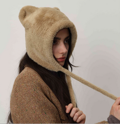 Beige Fluffy Cat Ear Winter Earflap Hat Women Knitted Warm Cold Weather Cap V888-ELOSUNG26617
