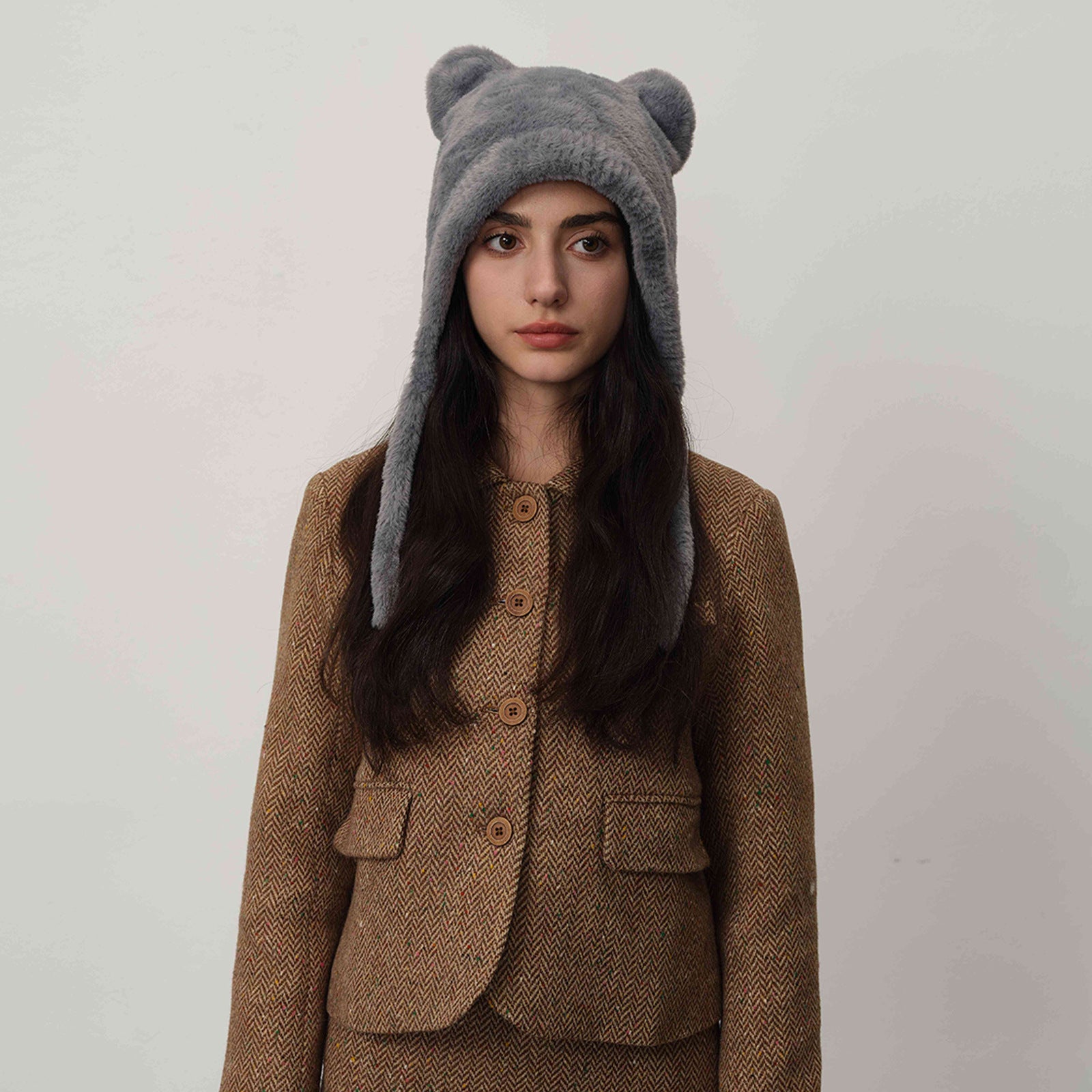 Light gray Fluffy Cat Ear Winter Earflap Hat Women Knitted Warm Cold Weather Cap V888-ELOSUNG26618