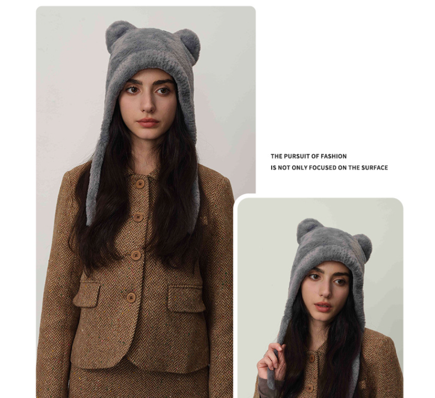 Light gray Fluffy Cat Ear Winter Earflap Hat Women Knitted Warm Cold Weather Cap V888-ELOSUNG26618