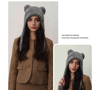 Light gray Fluffy Cat Ear Winter Earflap Hat Women Knitted Warm Cold Weather Cap V888-ELOSUNG26618