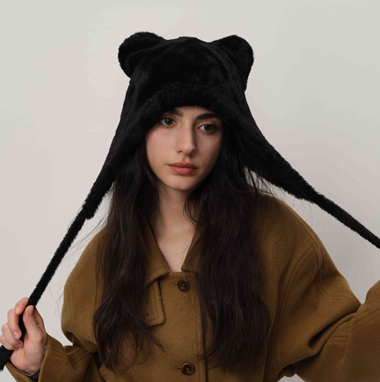 Black Fluffy Cat Ear Winter Earflap Hat Women Knitted Warm Cold Weather Cap V888-ELOSUNG26620