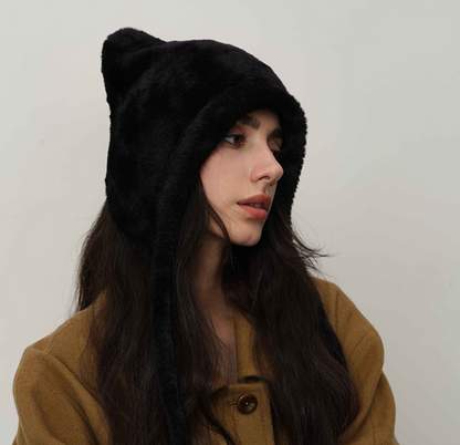 Black Fluffy Cat Ear Winter Earflap Hat Women Knitted Warm Cold Weather Cap V888-ELOSUNG26620