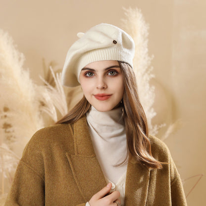 White Vintage Inspired Knitted Beret - Stretchy & Comfortable Wool Blend Cap V888-ELOSUNG26621