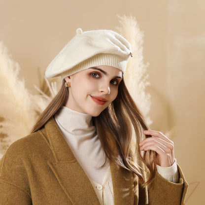 White Vintage Inspired Knitted Beret - Stretchy & Comfortable Wool Blend Cap V888-ELOSUNG26621