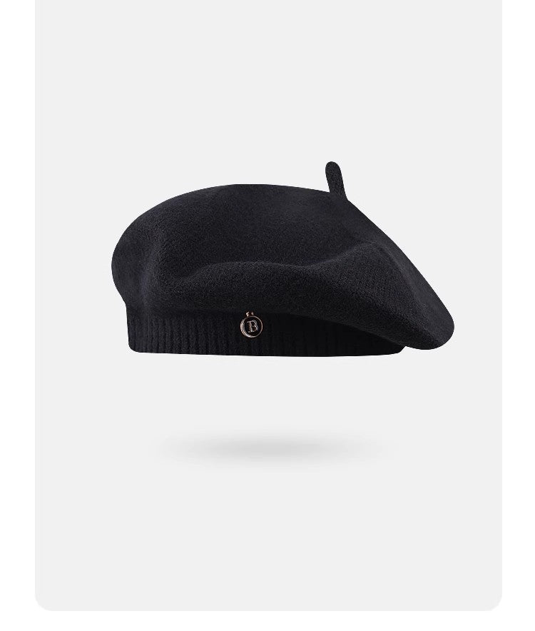 Black Vintage Inspired Knitted Beret - Stretchy & Comfortable Wool Blend Cap V888-ELOSUNG26622