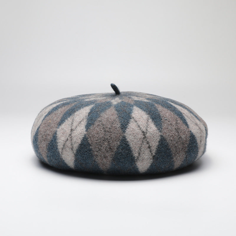 Diamond Colorblock Wool Beret - Stylish Plaid Painter Hat, Warm and Soft - (Blue) V888-ELOSUNG26627