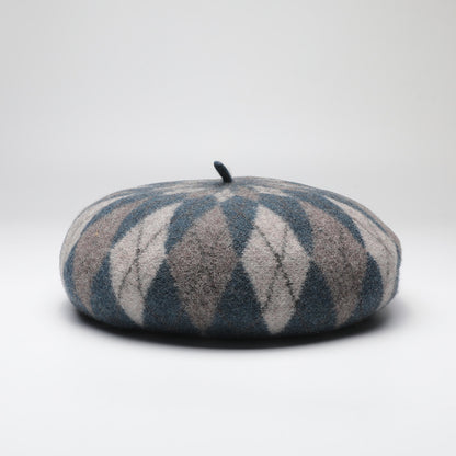 Diamond Colorblock Wool Beret - Stylish Plaid Painter Hat, Warm and Soft - (Blue) V888-ELOSUNG26627