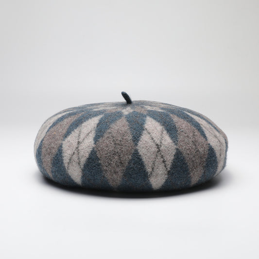 Diamond Colorblock Wool Beret - Stylish Plaid Painter Hat, Warm and Soft - (Blue) V888-ELOSUNG26627