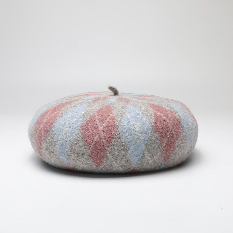 Diamond Colorblock Wool Beret - Stylish Plaid Painter Hat, Warm and Soft - (Pink) V888-ELOSUNG26628