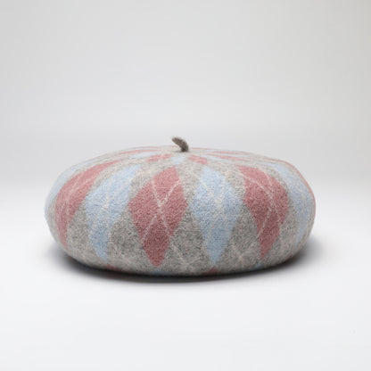 Diamond Colorblock Wool Beret - Stylish Plaid Painter Hat, Warm and Soft - (Pink) V888-ELOSUNG26628