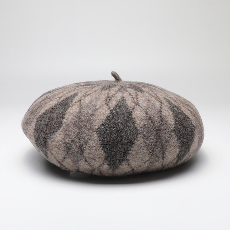 Diamond Colorblock Wool Beret - Stylish Plaid Painter Hat, Warm and Soft - (Gray) V888-ELOSUNG26629