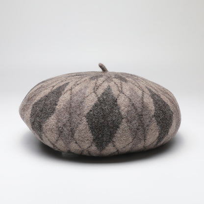 Diamond Colorblock Wool Beret - Stylish Plaid Painter Hat, Warm and Soft - (Gray) V888-ELOSUNG26629