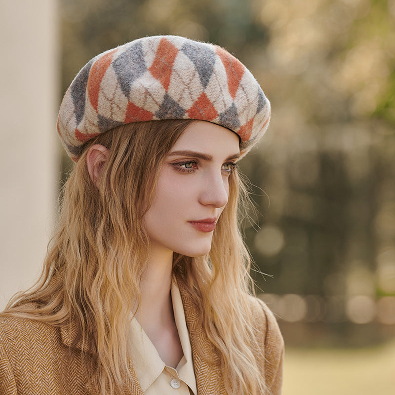 Diamond Colorblock Wool Beret - Stylish Plaid Painter Hat, Warm and Soft - (Orange) V888-ELOSUNG26630