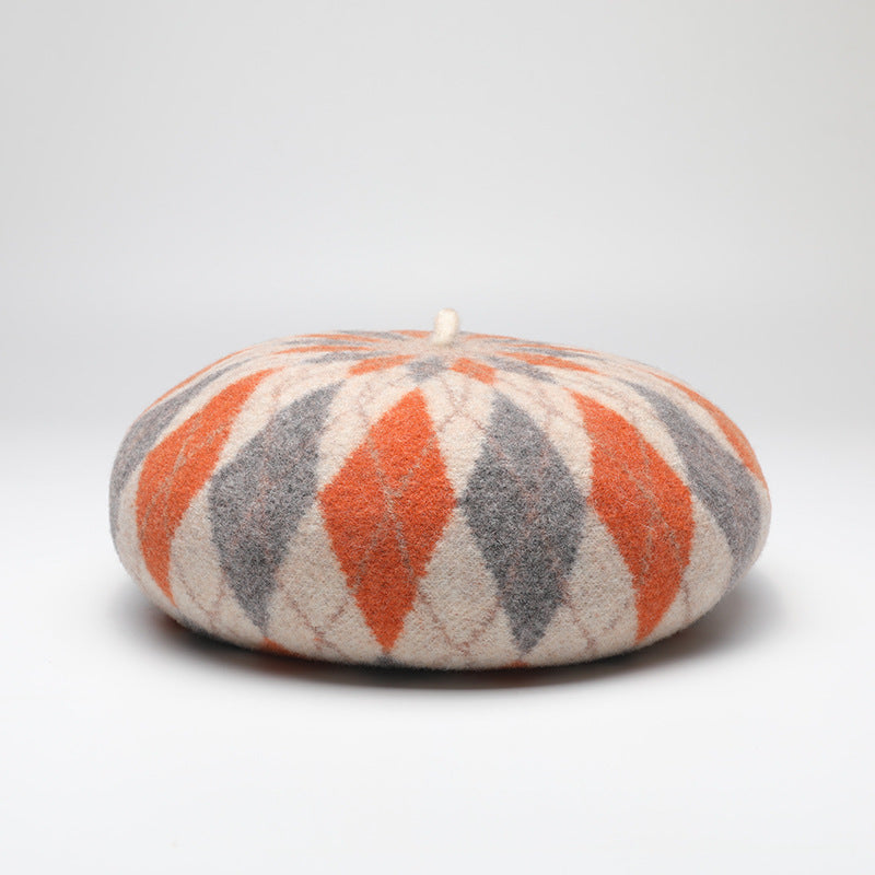 Diamond Colorblock Wool Beret - Stylish Plaid Painter Hat, Warm and Soft - (Orange) V888-ELOSUNG26630