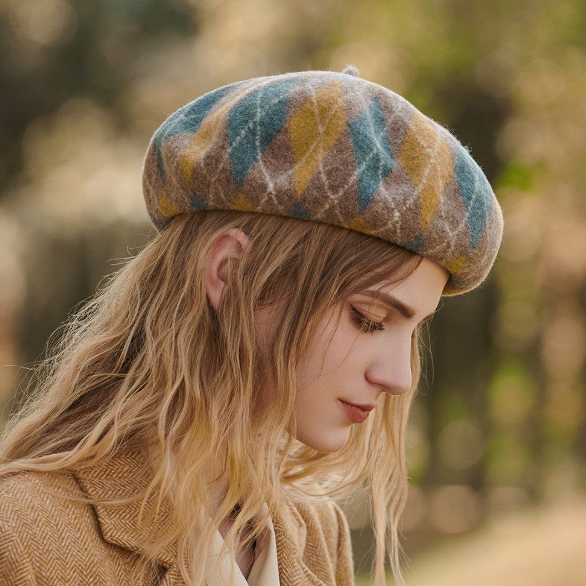 Diamond Colorblock Wool Beret - Stylish Plaid Painter Hat, Warm and Soft - (Yellow) V888-ELOSUNG26631