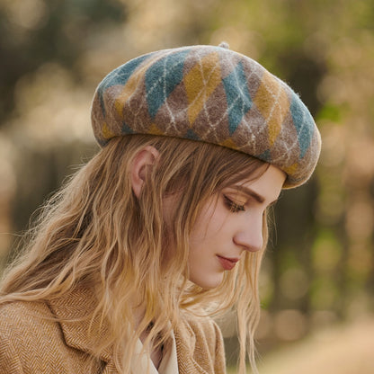 Diamond Colorblock Wool Beret - Stylish Plaid Painter Hat, Warm and Soft - (Yellow) V888-ELOSUNG26631