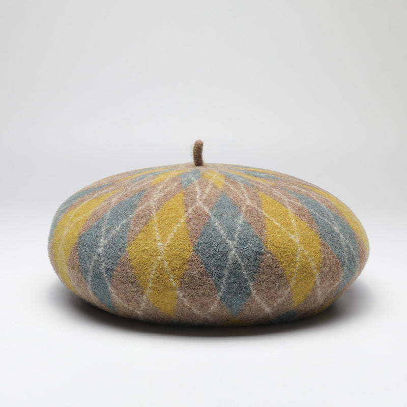 Diamond Colorblock Wool Beret - Stylish Plaid Painter Hat, Warm and Soft - (Yellow) V888-ELOSUNG26631