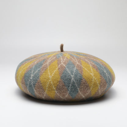 Diamond Colorblock Wool Beret - Stylish Plaid Painter Hat, Warm and Soft - (Yellow) V888-ELOSUNG26631