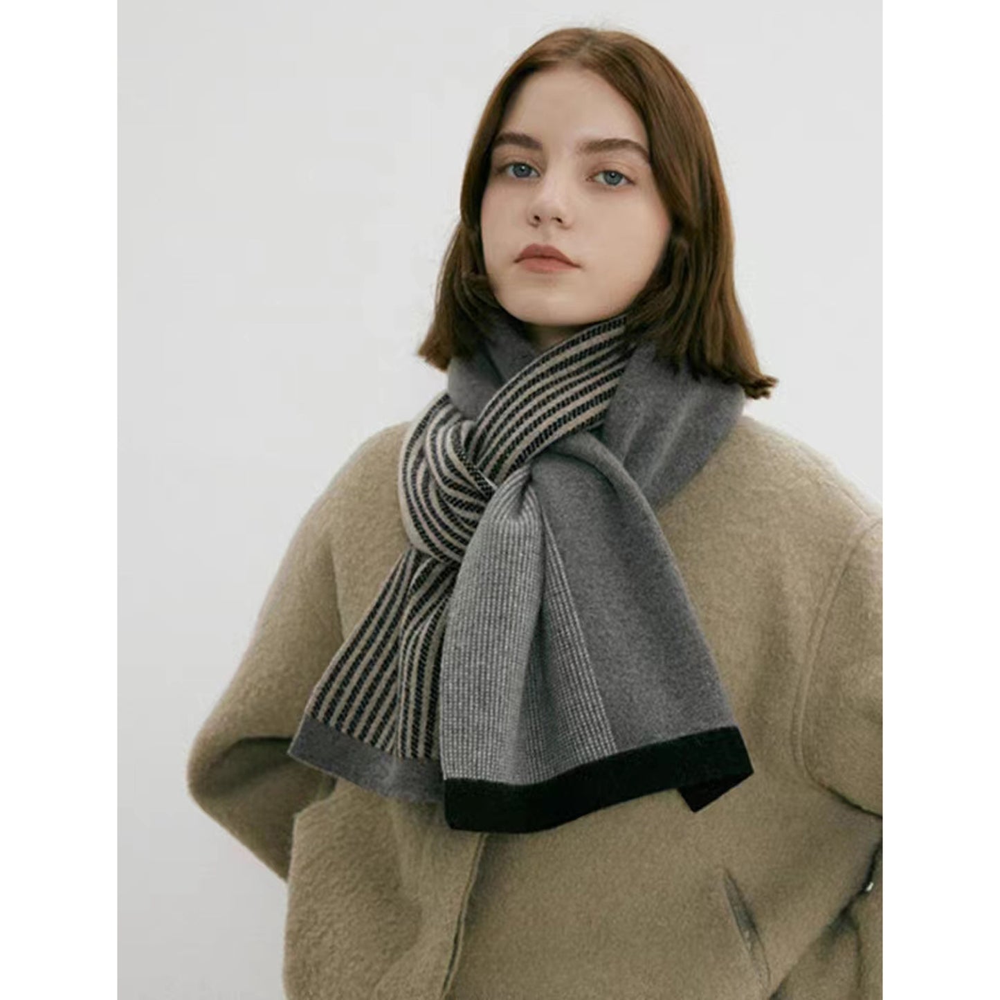 Grey Elegant Color Block Striped Scarf -Men's & Women's Versatile, Winter Warmth 165x29cm V888-ELOSUNG26636