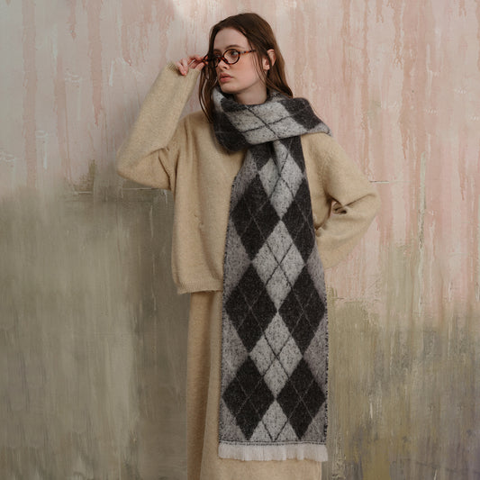 (Black+Grey)Two-Tone Argyle Pattern Scarf - Ladies' Warm Fashion Neckwear, 210x33cm V888-ELOSUNG26639