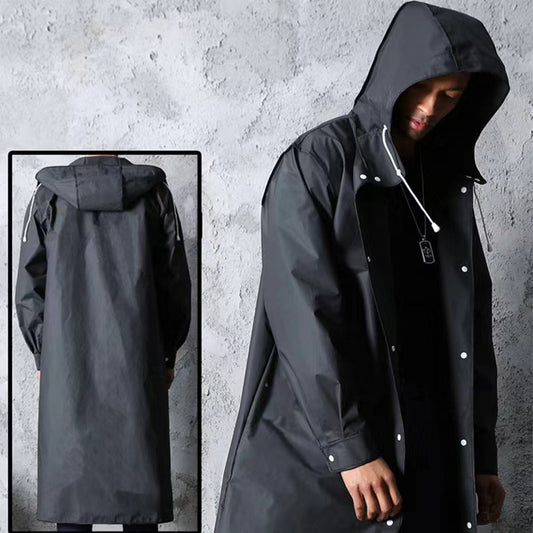 Stylish Black Trench Raincoat - Extra Long, Hooded, for Hiking & Fishing - L V888-ELOSUNG26642