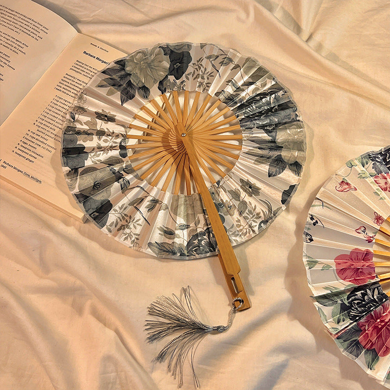 2 PCS Floral Bamboo Folding Hand Fan - Traditional Chinese Style Round Folding Design (Elegant ink flower) V888-ELOSUNG26646