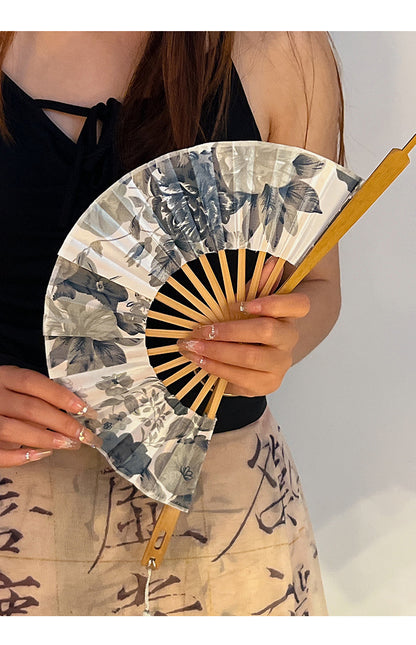 2 PCS Floral Bamboo Folding Hand Fan - Traditional Chinese Style Round Folding Design (Elegant ink flower) V888-ELOSUNG26646