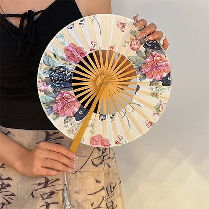2 PCS Floral Bamboo Folding Hand Fan - Traditional Chinese Style Round Folding Design (Spring in the Garden) V888-ELOSUNG26647