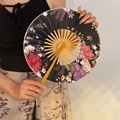 2 PCS Floral Bamboo Folding Hand Fan - Traditional Chinese Style Round Folding Design (Black background with V888-ELOSUNG26648